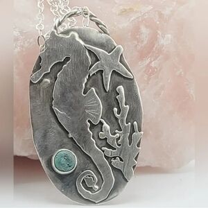 SEA HORSE TURQUOISE PENDANT HANDMADE IN STERLING SILVER METAL ABOUT 2"